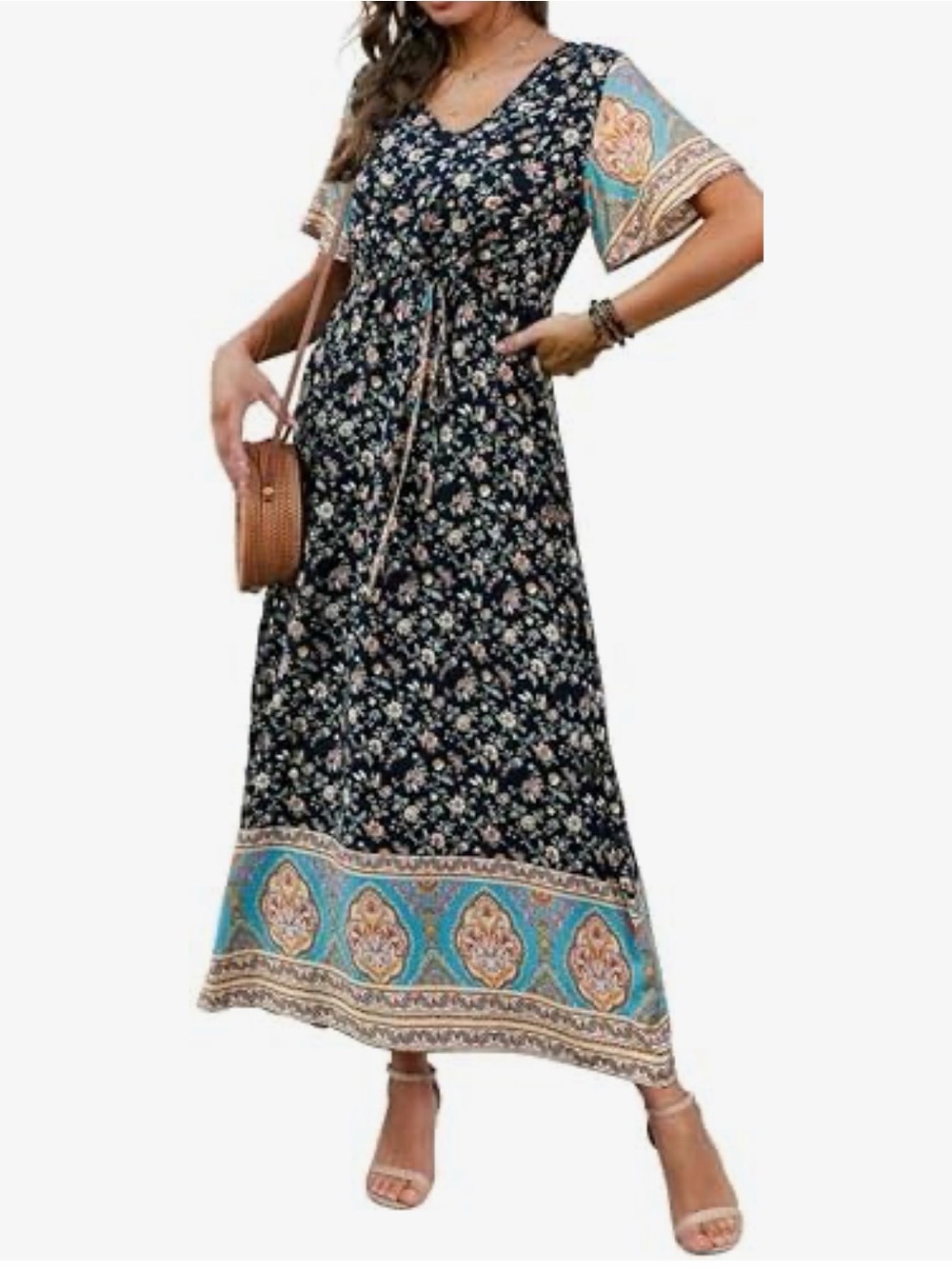 A455 PrettyGarden Floral Border Maxi Dress with Turquoise Accent - Medium NEW